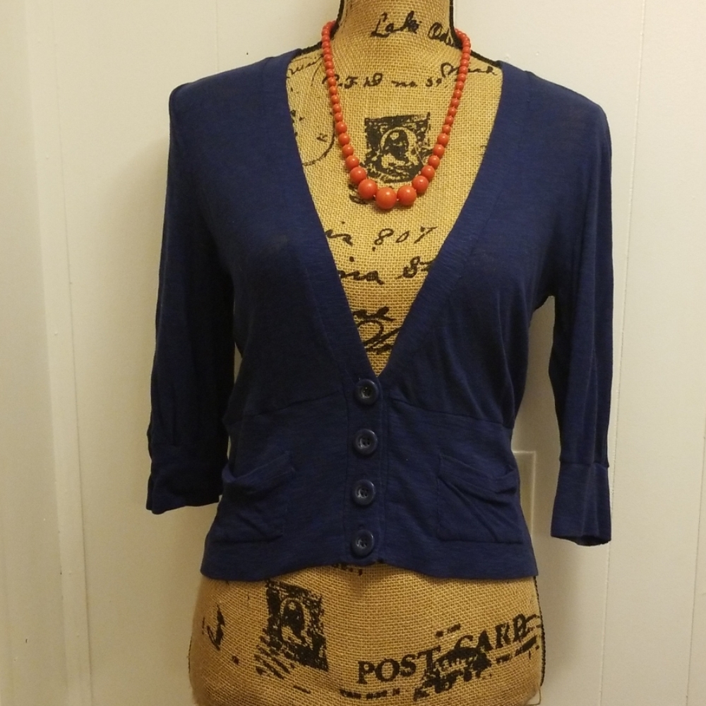Navy Blue Floral Lace Back 3/4 Sleeve Cardigan Top